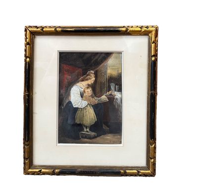 tableau représentant une femme et un enfant en train de lire un livre dans une pièce