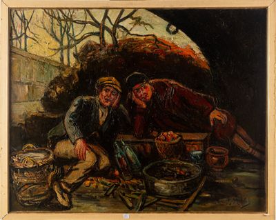 un tableau représentant deux hommes assis sur un banc