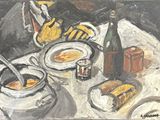 un tableau représentant une table sur laquelle sont disposés des plats et des boissons