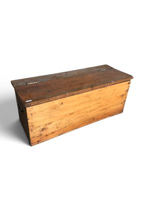 an old wooden box with a lid on a white background