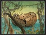 tableau encadré représentant un nid d'oiseau sur une branche d'arbre