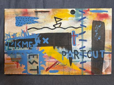 peinture représentant un homme sur un skateboard, sur fond noir