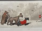 tableau représentant un groupe de chiens marchant dans une rue, près d'un immeuble