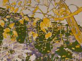 painting of a bird perched on a tree branch in a field of flowers