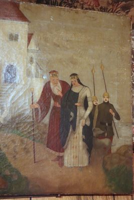 painting of a group of people standing in front of a building