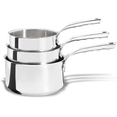 three stainless steel pots and pans stacked on top of each other