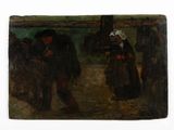 an old painting of a man and a woman walking down a street