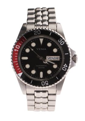 an image of a wrist watch with a black dial and a red second hand