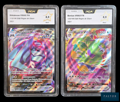 Deux cartes Pokémon sont présentées dans des pochettes en plastique sur un fond noir.