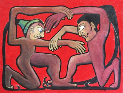 painting of two people fighting with each other in a square
