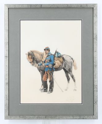 tableau représentant un homme à dos d'un cheval brun