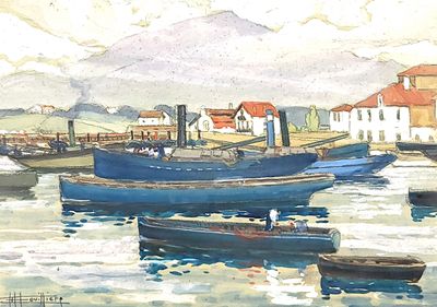 a painting of a harbor scene with boats in the water
