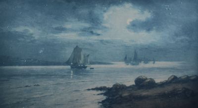 un tableau représentant des voiliers sur l'eau, la nuit
