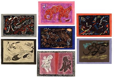 six different colored paintings of different shapes and sizes on a white surface