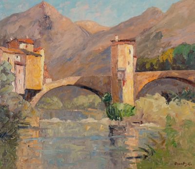 une peinture à l'huile représentant un pont au-dessus d'une rivière, avec une montagne en arrière-plan