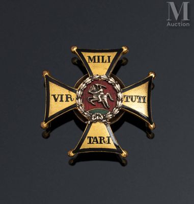 an image of a gold and black cross with a red and white emblem on it