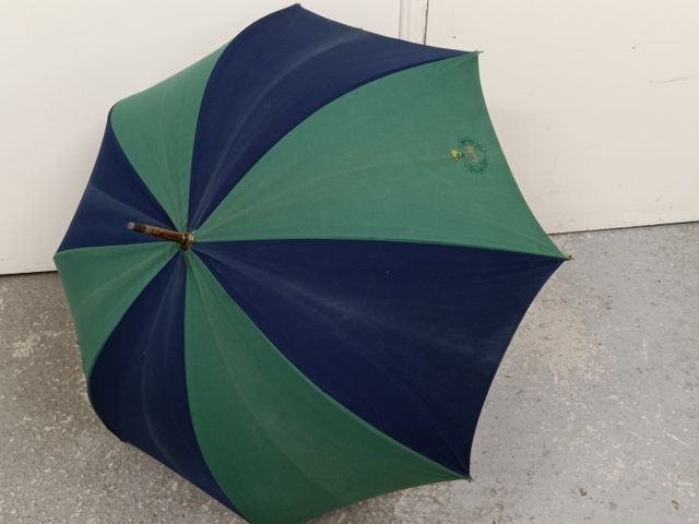Parapluie coton bleu vert blazon brodé (traces de décoloration)
