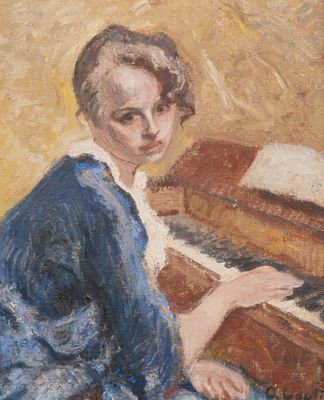 une peinture à l'huile représentant une femme assise au piano, vêtue d'une robe bleue