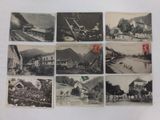several old black and white photos of a train station and buildings