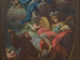 an old painting of a painting of a group of people in the sky