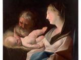 an image of a painting of a man and woman holding a baby