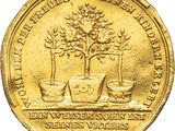 an image of a gold coin with a tree and potted plants on it