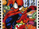 Spider-Man sur un timbre-poste orné d'autocollants