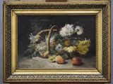 une photo d'un tableau représentant des fleurs et des fruits posés sur une table