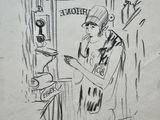 drawing of a man standing in front of a phone with a cell phone in his hand