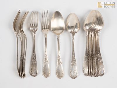 Ensemble de sept fourchettes et neuf cuillères en argent 1er… - Photo 1