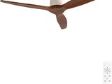 ceiling fan with wooden blades and remote control on a white wall