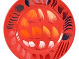une image représentant une assiette rouge sur laquelle sont disposés différents types de plumes
