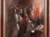 an oil painting of a group of people playing instruments in a room