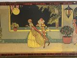 an old painting of a woman in a yellow dress is hanging on a wall