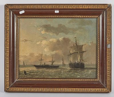 une peinture à l'huile représentant deux bateaux sur un plan d'eau