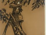 drawing of a man climbing a ladder to pick leaves off a tree