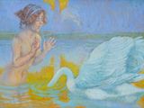 un tableau représentant une femme et un cygne dans l'eau