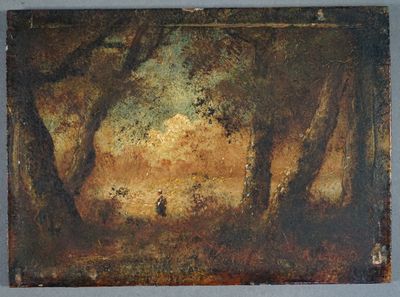 tableau représentant un paysage boisé avec une personne marchant au loin