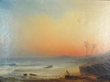 une peinture à l'huile représentant un coucher de soleil sur une plage, avec un bateau dans l'eau