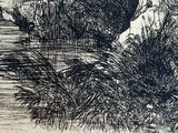 a black and white drawing of a man and a dog in a field