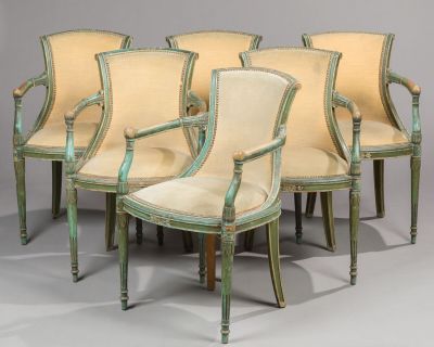 set of six louis xvi style painted and parceled armchairs