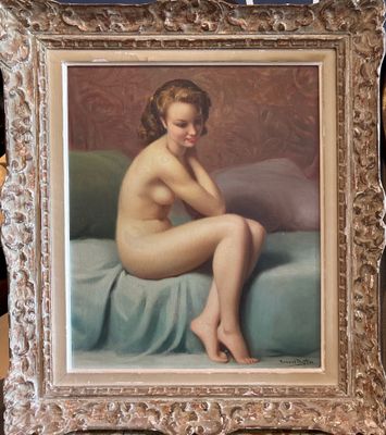 tableau représentant une femme nue assise sur un lit, recouverte d'une couverture bleue