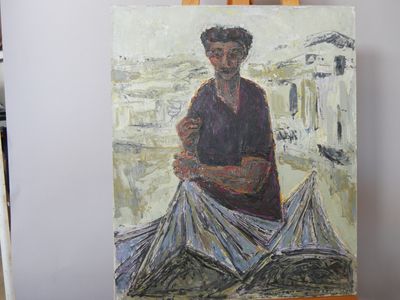 a painting of a woman sitting on top of a easel