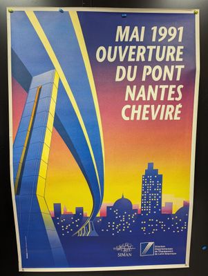 une vieille affiche représentant une ville avec de grands immeubles en arrière-plan