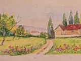drawing of a painting of a house and a path in a field