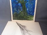 dessin représentant un arbre avec un ciel bleu en arrière-plan et un oiseau au premier plan