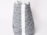 grey and white handbag with a white strap