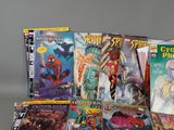 a lot of comic books sitting on a table