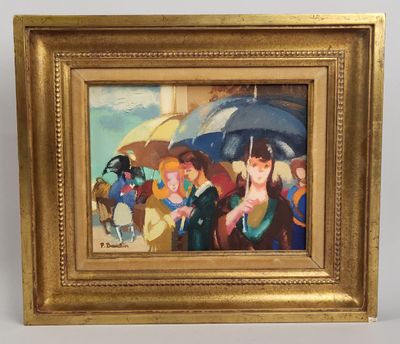 un tableau représentant un groupe de personnes avec des parapluies