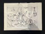 drawing of a group of people in a boat on a body of water